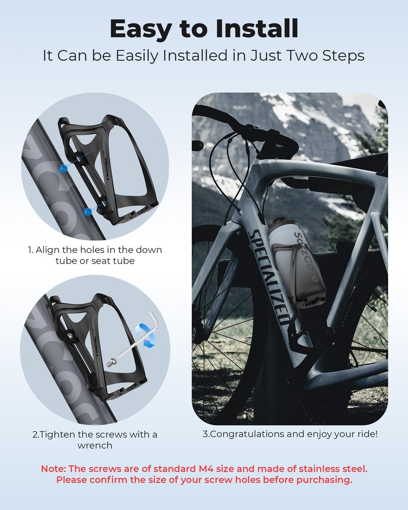 SorzCore Bike Water Bottle Holder,1.2oz Lightweight Design,Sturdy Bike Cup Holder,Bicycle Bottle Cages with Screws Tool,Cycling Bike Water Bottle Cage for 2.76-3.94 inches Diameter Bottles,Black