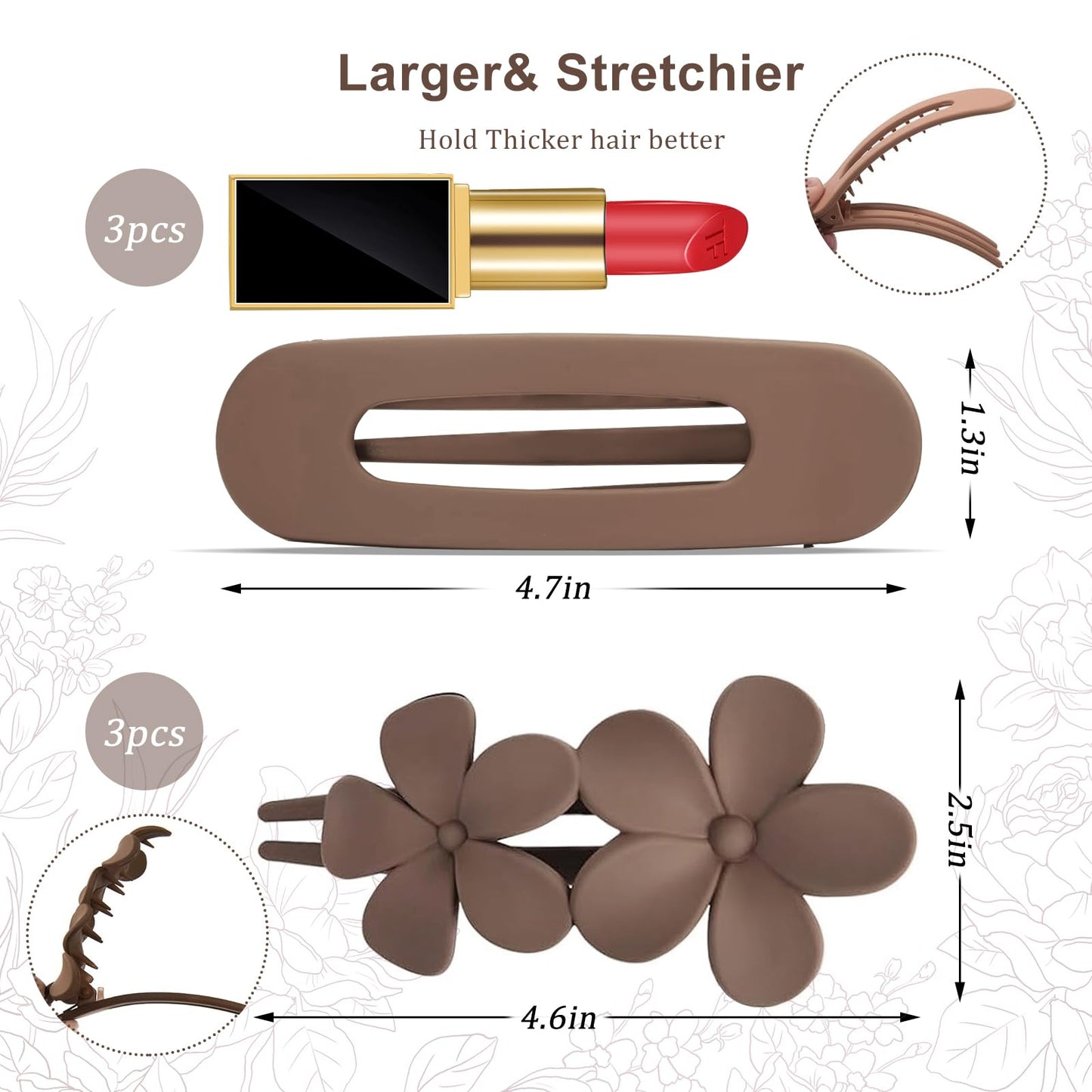 6 Pcs Flat Hair Clips, 2 Styles Claw Clips for Thick Thin Hair,Flower Hair Clips Matte French Hair Barrette Stylish Lay Flat Hair Accessories for Women Girls