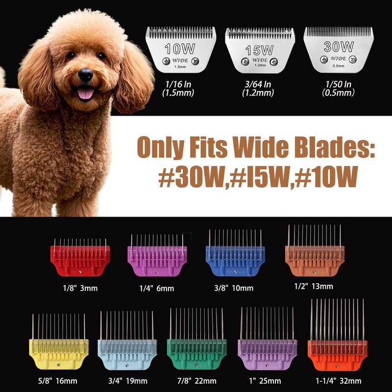 10W/15W/30W Dog Animal Stainless Steel Wide Clipper Attachment Guard Comb Set for A5 Series | Snap-On/Off Design Combs,Only Fir for 10W/15W/30W Wide Blade (12-Piece)