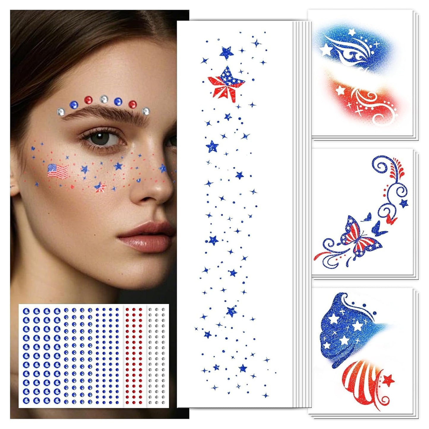 4th of July Face Tattoos - Glitter Freckles & Red White Blue Gems | Patriotic Makeup Accessories for Independence Day
