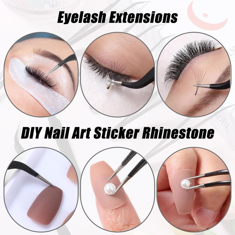 10 Pieces Tweezers for Crafting, Stainless Steel Curved Bedazzling Tweezers Precision Sticker Tweezer with Protective Cover for Jewelry Stickers Eyelash Extensions Rhinestones Crafts (Black)