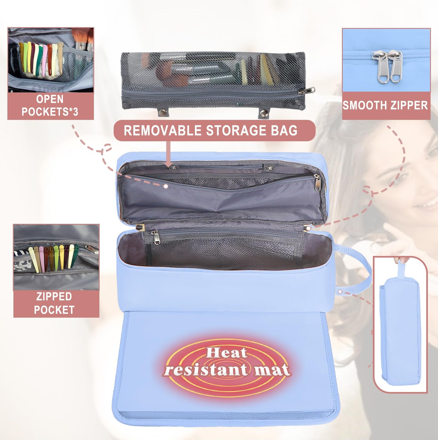 FAMOPLAY Hair Tools Travel Bag with Heat Resistant Mat Hair Styling Accessories Storage Case for Hair Dryer Flat Iron Straightener Curling Iron Haircare Accessories Travel Essentials for Women