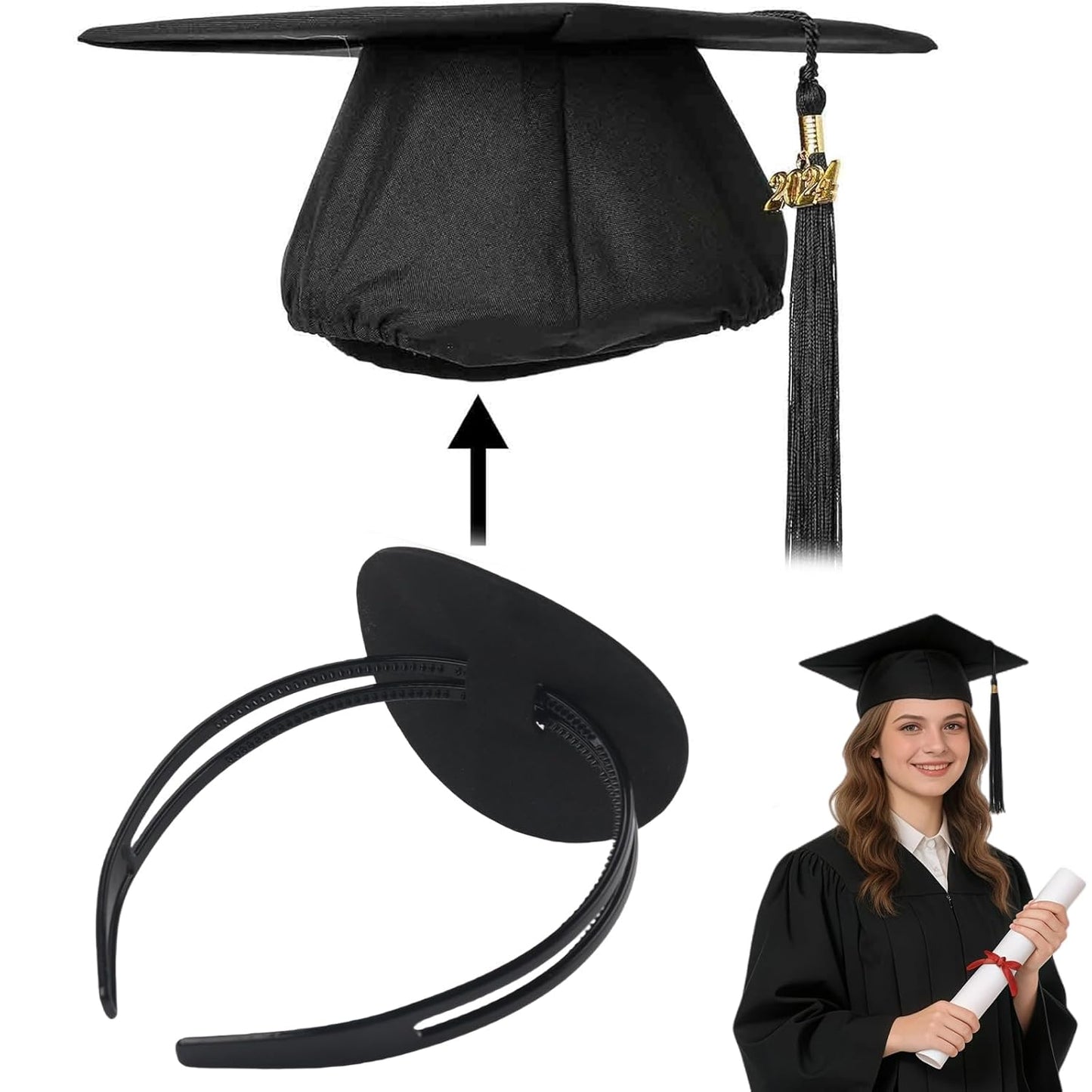 Graduation Cap Headband - Firm Brown Anti-Fall Hairband with Adhesive Felt | Adjustable Round Grad Hat Accessory
