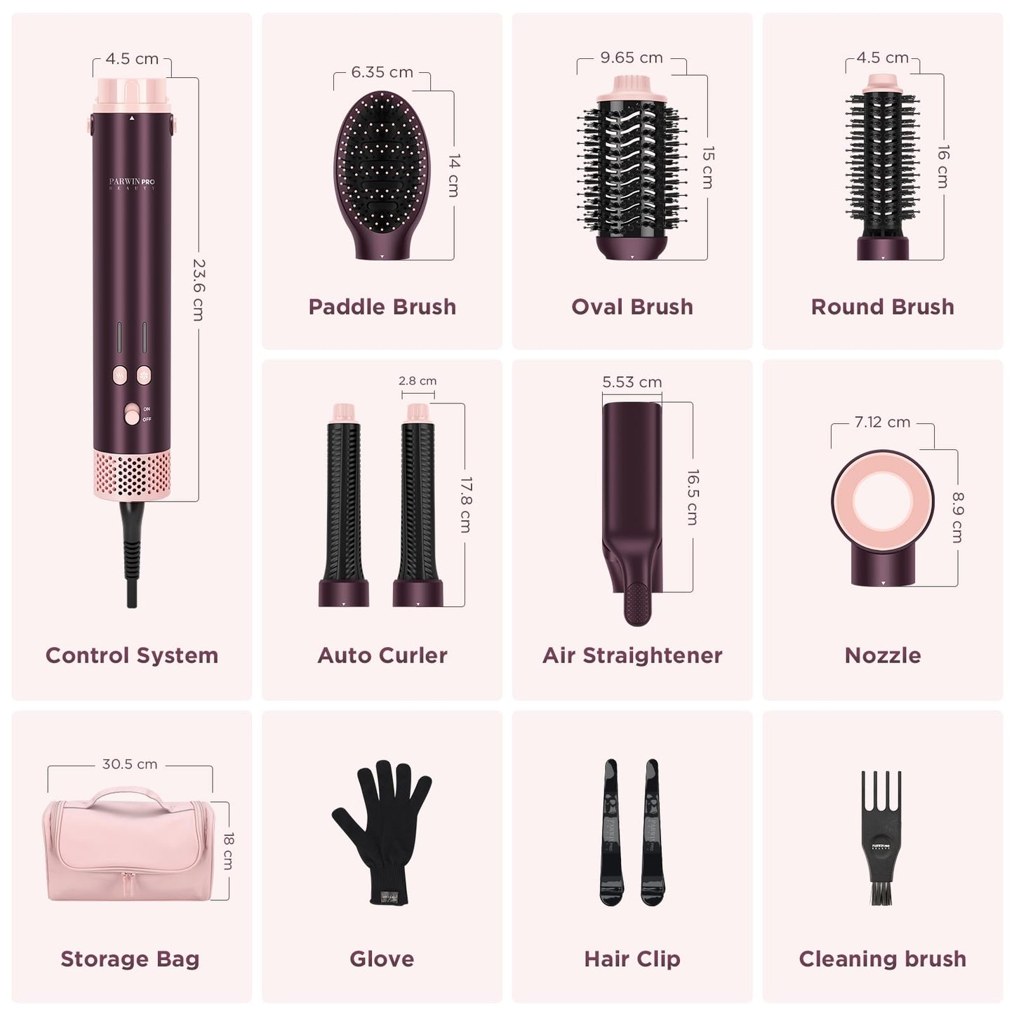7-in-1 Hot Air Styler,MaxAIR 2.0,PARWIN PRO BEAUTY Travel Dual Voltage Multi-Styler Set,110,000RPM High Speed Hair Dryer Brush with Air Hair Straightener,1.1 Inch Auto-Wrap Curlers,Jasper Plum