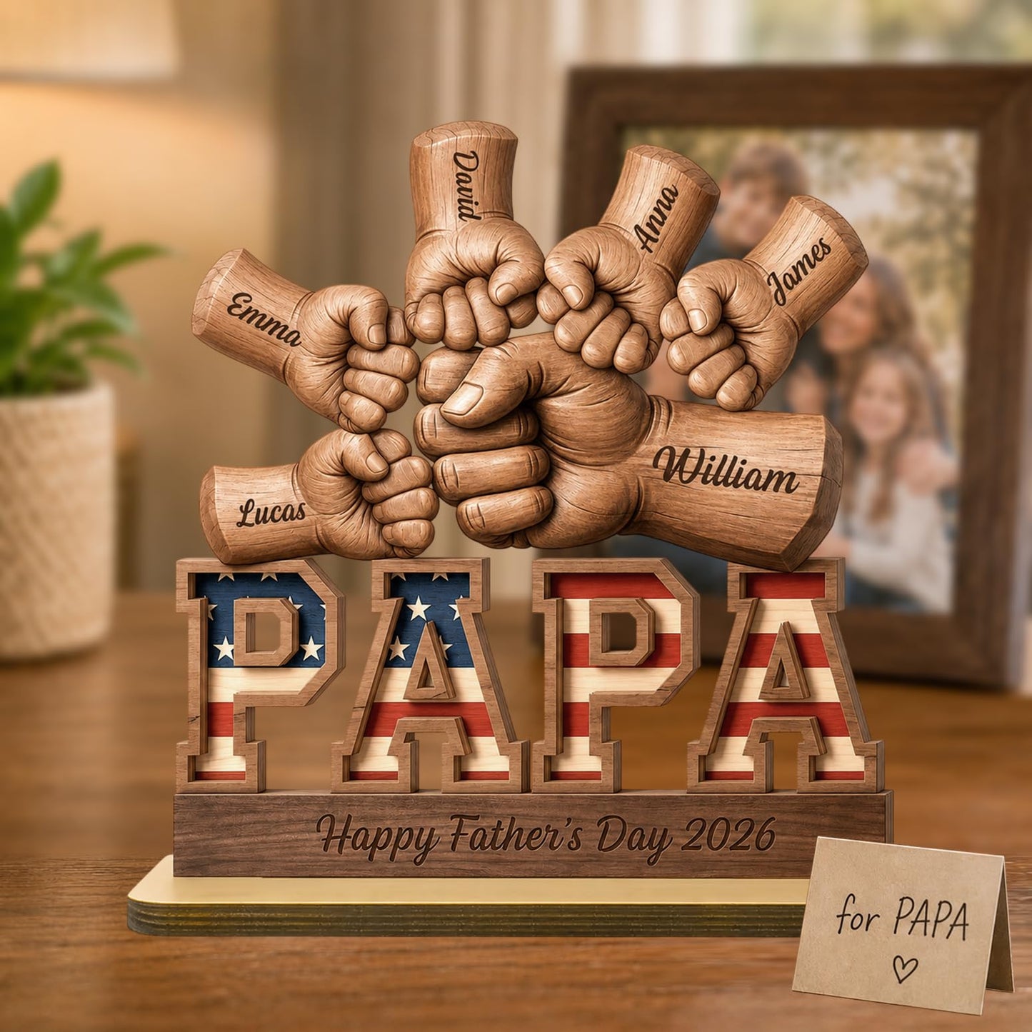 Personalized Fist Bump Papa and Kids Name Wooden Plaque, Custom Fathers Day Plaque for Dad Grandpa, Customized Sign Decorations for Daddy, Grandpa, Heartfelt Father's Day Birthday Gifts for Husband