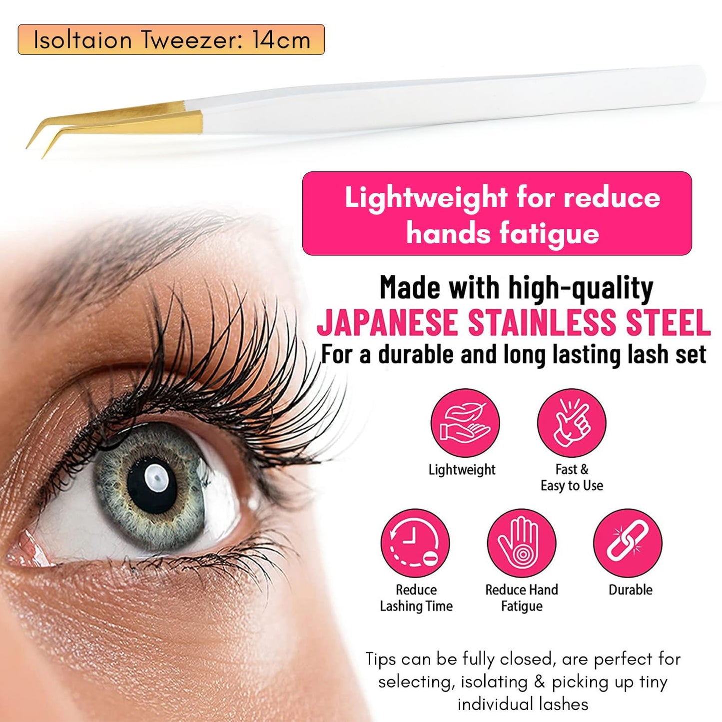 My Lash Tools Eyelash Extension Curved Degree Tweezers for Isolation Lash Extensions 14cm Best for Individual Isolation & Classic Lashes Japanese Stainless Steel Eyelash Twisers (Matte White Gold Tip)
