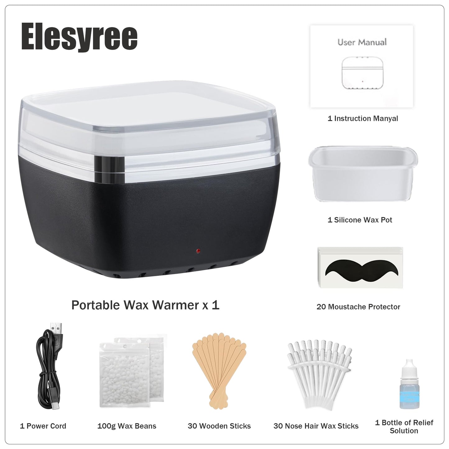 Nose Hair Wax Kit, Nose Ear Hair Hot Wax Kit for Hair Removal with 100g Wax, 30 Nose Wax Sticks, 3 Silicone Pots, At Home Waxing Kit for Women Men, USB Rapid Heating Constant Temperature (Black)