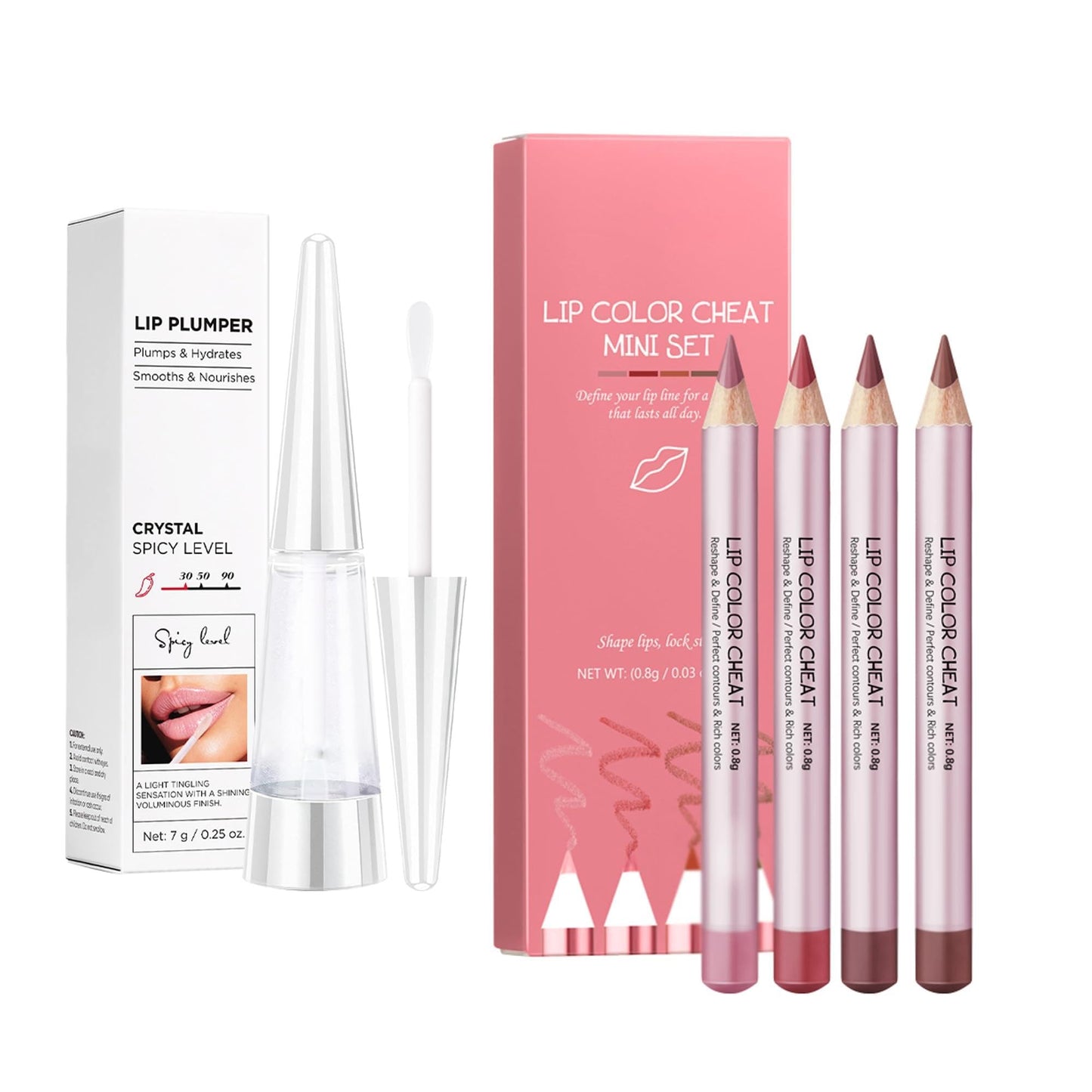 Mooppom 2-in-1 Lip Makeup Kit, 4-Color Nude Lip Liner Pencil Set & Crystal Shade Lip Plumper Gloss, Long-Lasting Lip Contour & Plumping Set for Women