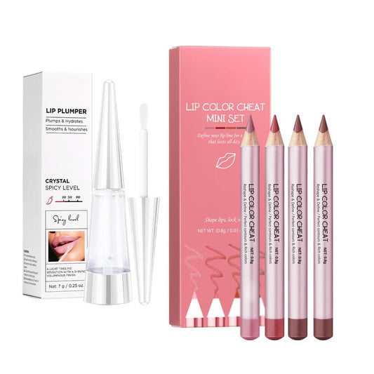 Mooppom 2-in-1 Lip Makeup Kit, 4-Color Nude Lip Liner Pencil Set & Crystal Shade Lip Plumper Gloss, Long-Lasting Lip Contour & Plumping Set for Women