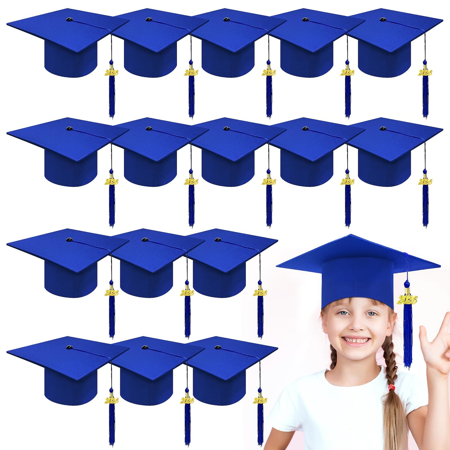 Kidum 16 Pcs 2026 Graduation Cap Kindergarten Bulk Graduation Cap Preschool Child Size Grad Caps with Metal 2024 Tassel (Blue)