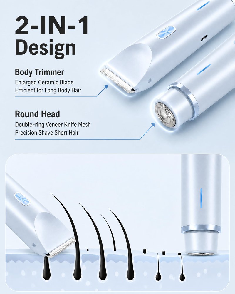 AiooTisu 2-in-1 Bikini Trimmer for Women - Dual Head Electric Shaver with Foil & Rotary Heads, Rechargeable & Waterproof, for Body, Bikini Line, Face, Legs & Underarms