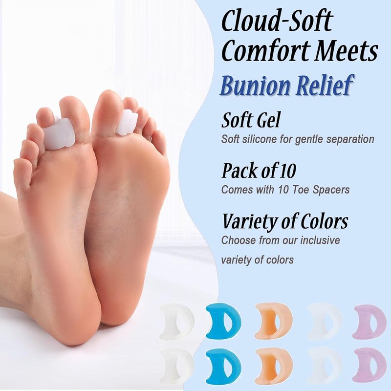 Gel Toe Separators - 10 Pcs for Overlapping Toes & Bunions | Big Toe Alignment Corrector (Blue)