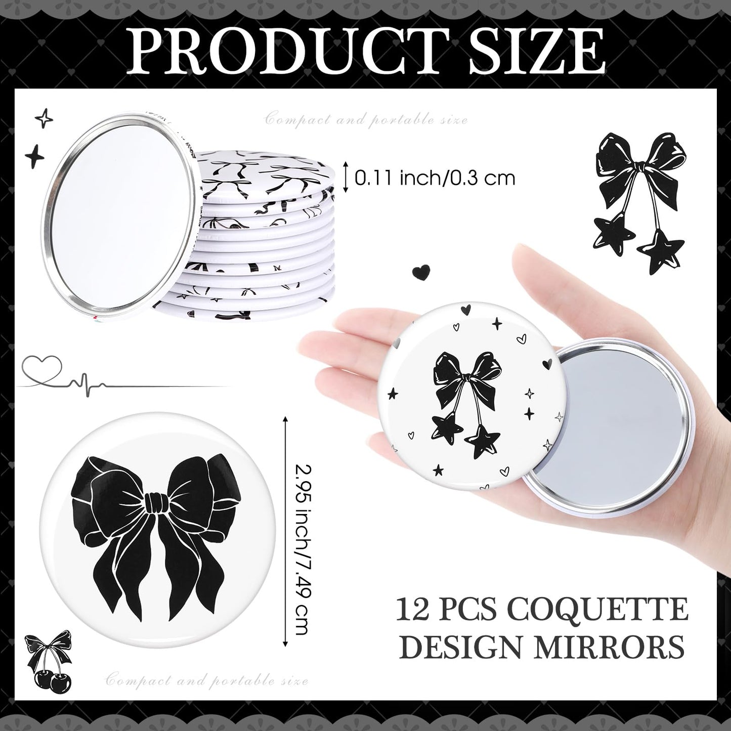 Cinnvoice 12 Pcs Bow Party Favors Mini Compact Mirror Bulk Coquette Aesthetic Little Pocket Mirrors Bow Keepsake Gifts for Women Girl Birthday Wedding Bridal Baby Shower Party Favors(Black and White)