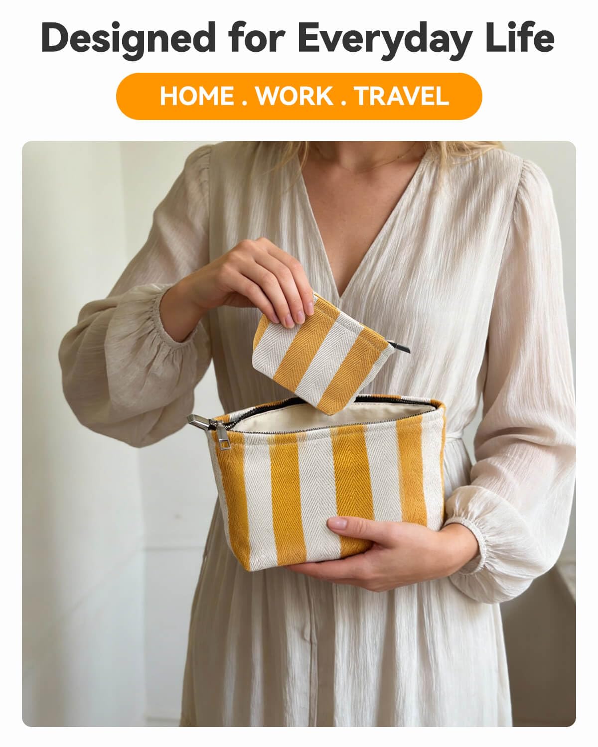 2 Pcs Makeup Bag Set, Women Gifts, Travel Cosmetic Bags, Canvas Make up Bag for Purse, Yellow Striped Makeup Pouch with Zipper Lining, Cosmetic Storage Car Organizer, Portable Large & Small Toiletry