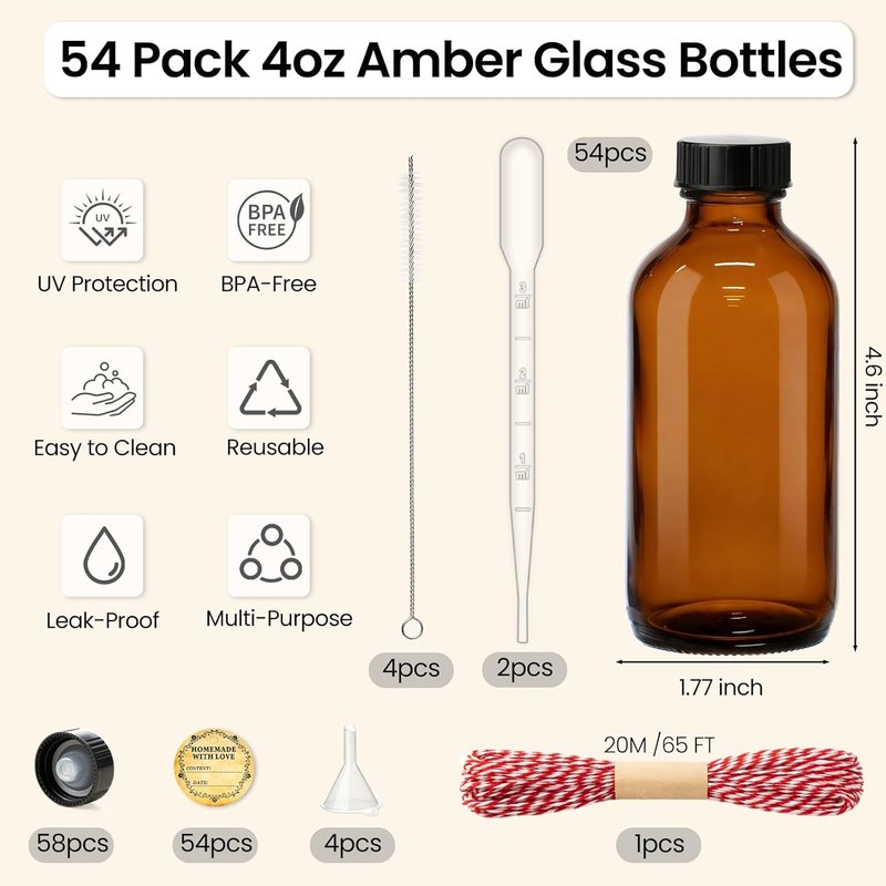Amber Glass Boston Round Bottles - 54 Pack 4oz Refillable with Airtight Polycone Caps | Ideal for Extracts, Oils & DIY Projects