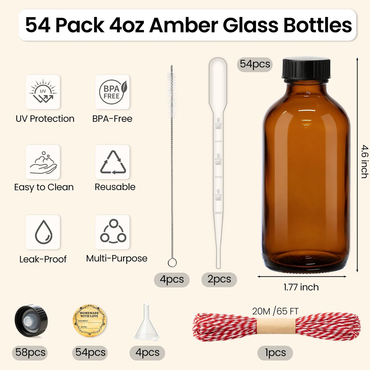 TBWIND 54 Pack 4oz Amber Glass Boston Round Bottles with Airtight Polycone Caps, Refillable Glass Bottles for Vanilla Extract, Homemade Liquids, Syrups, Oils & DIY Craft Brewing