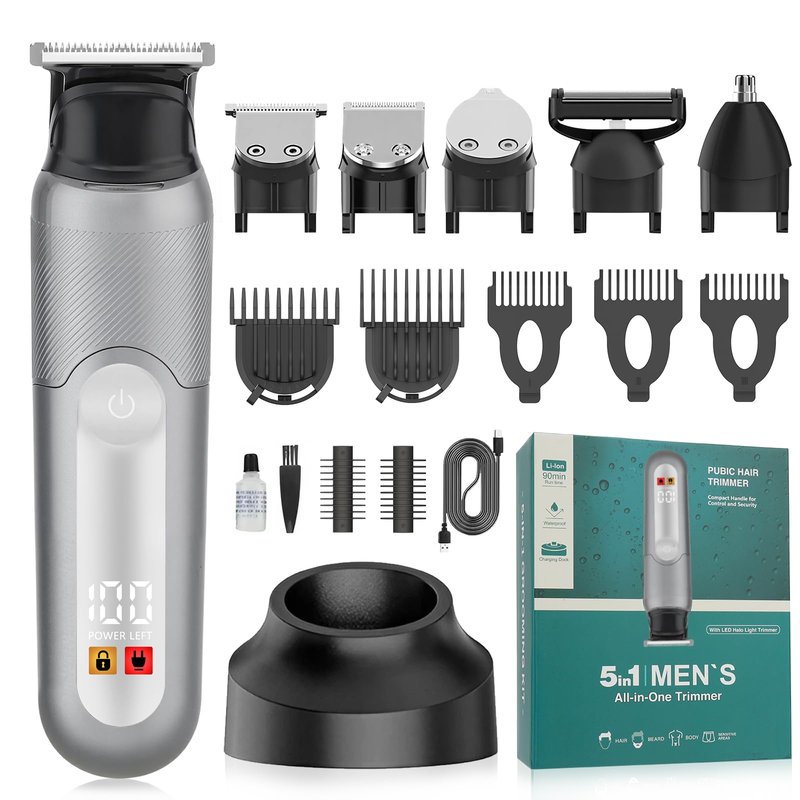 SUNNOW Electric 5-in-1 Body Hair Trimmer - Groin Trimmer for Men -Beard Trimmer for Men - Wet/Dry Shaver Groomer, Waterproof with LED Light, Gifts for Husband Father