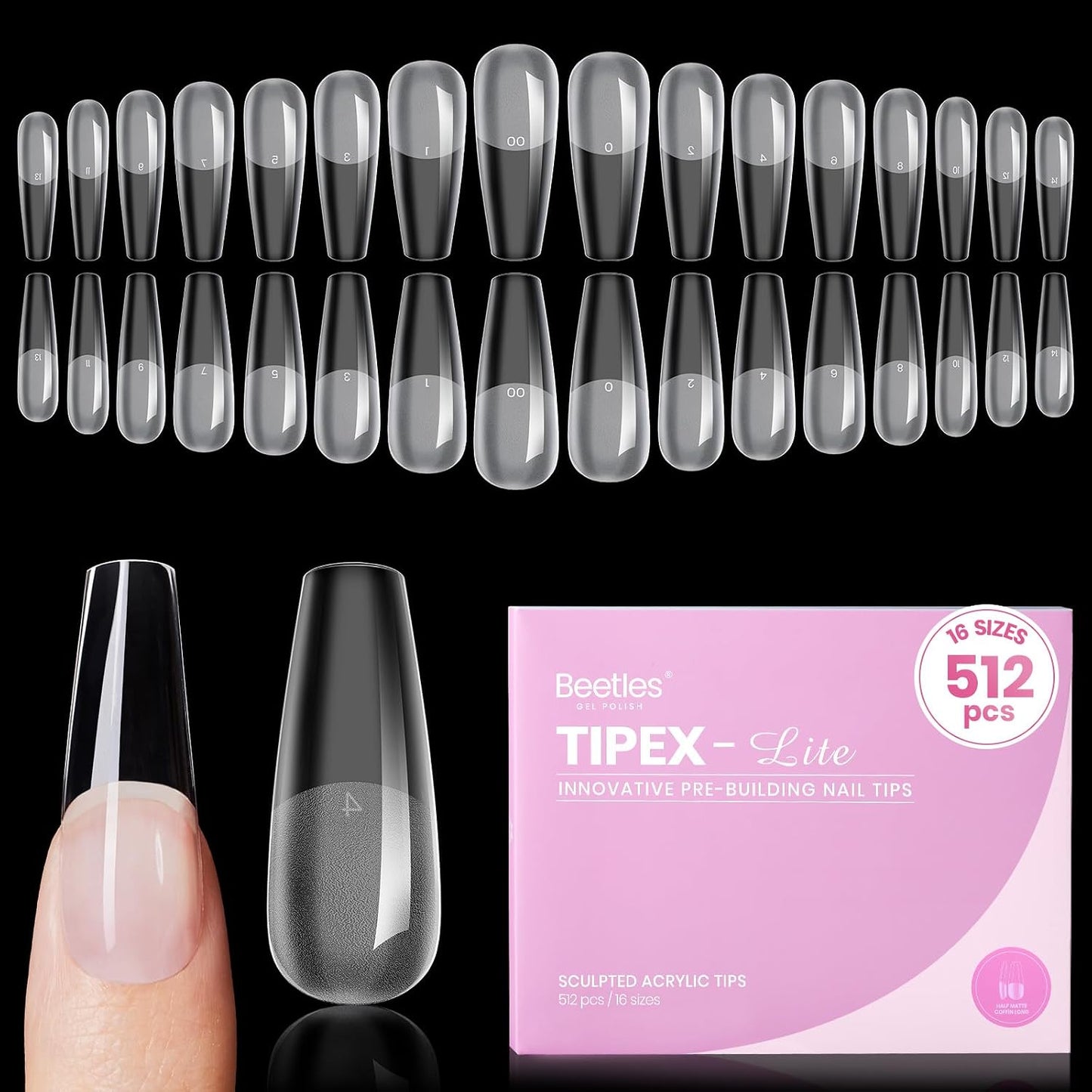 Beetles Nail Tips - XXL Stiletto Instant Apex for DIY Salon Extensions | 160pcs in 16 Sizes (00-14)