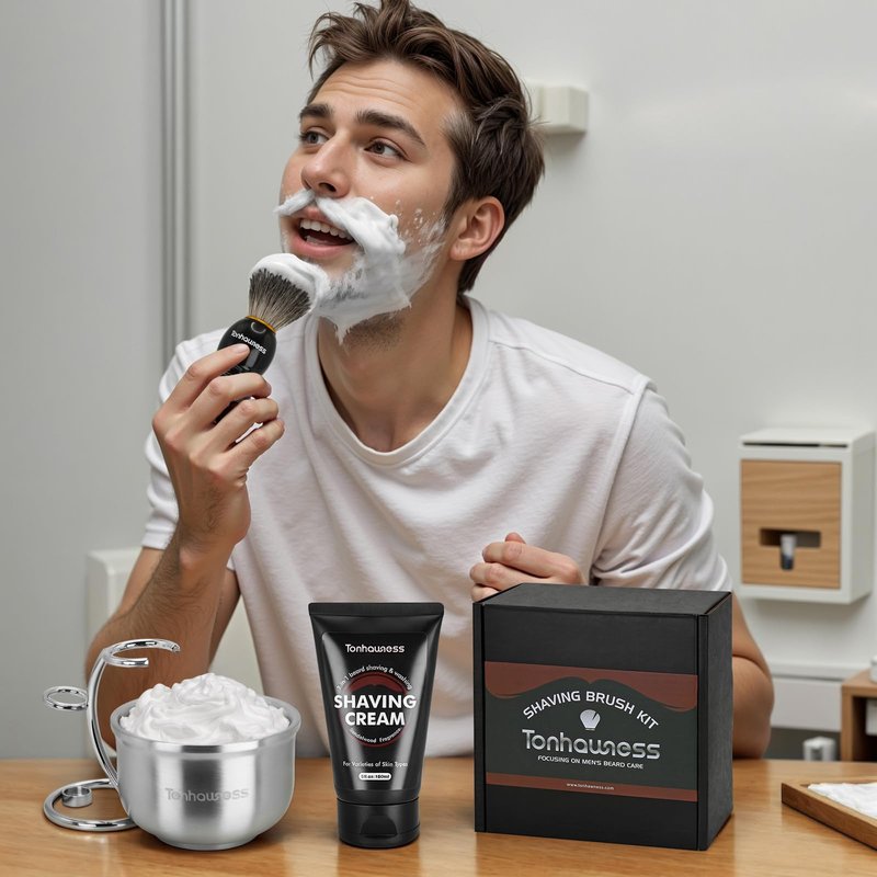 Shaving Brushes Kit For Men, 4 In 1 Shaving Brush Set Includes Nylon Bristle Shaving Brush, Sandalwood Shaving Cream, Stainless Steel Shaving Bowl and Stand (Nylon Bristle with Cream)