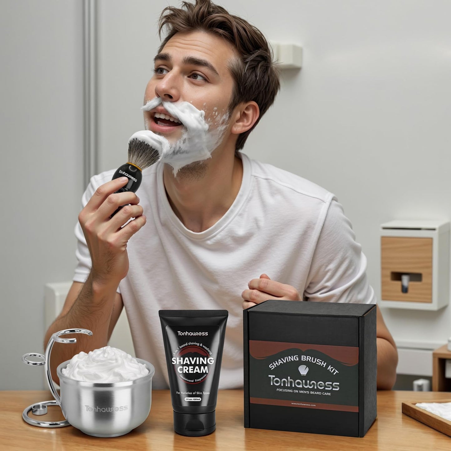 Shaving Brushes Kit For Men, 4 In 1 Shaving Brush Set Includes Badger Hair Shaving Brush, Sandalwood Shaving Cream, Stainless Steel Shaving Bowl and Stand