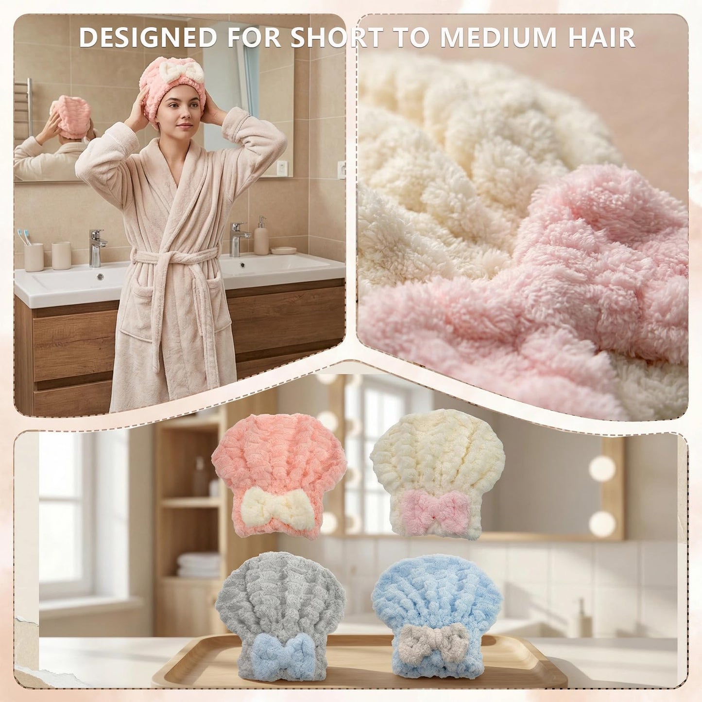 AZSRKRBM 4-Pack Microfiber Hair Towel Cap for Short/Medium Hair, No Twist, No Tug, Soft Absorbent Drying Hat with Bow for Women - Great for Skincare, Makeup, Shower