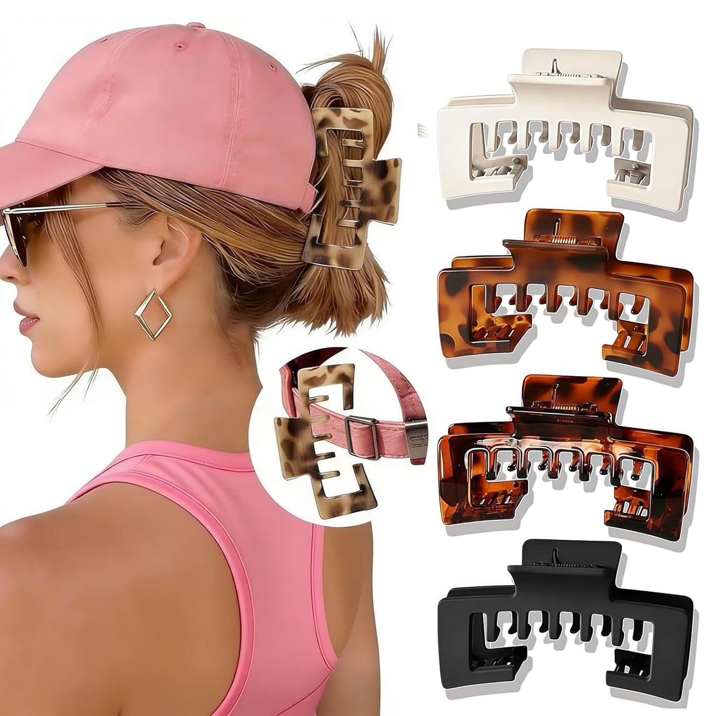 Large Hair Clips for Baseball Caps - Tortoise Shell Adjustable Claw Clips for Women | Non-Slip Strong Hold for Thick & Thin Hair