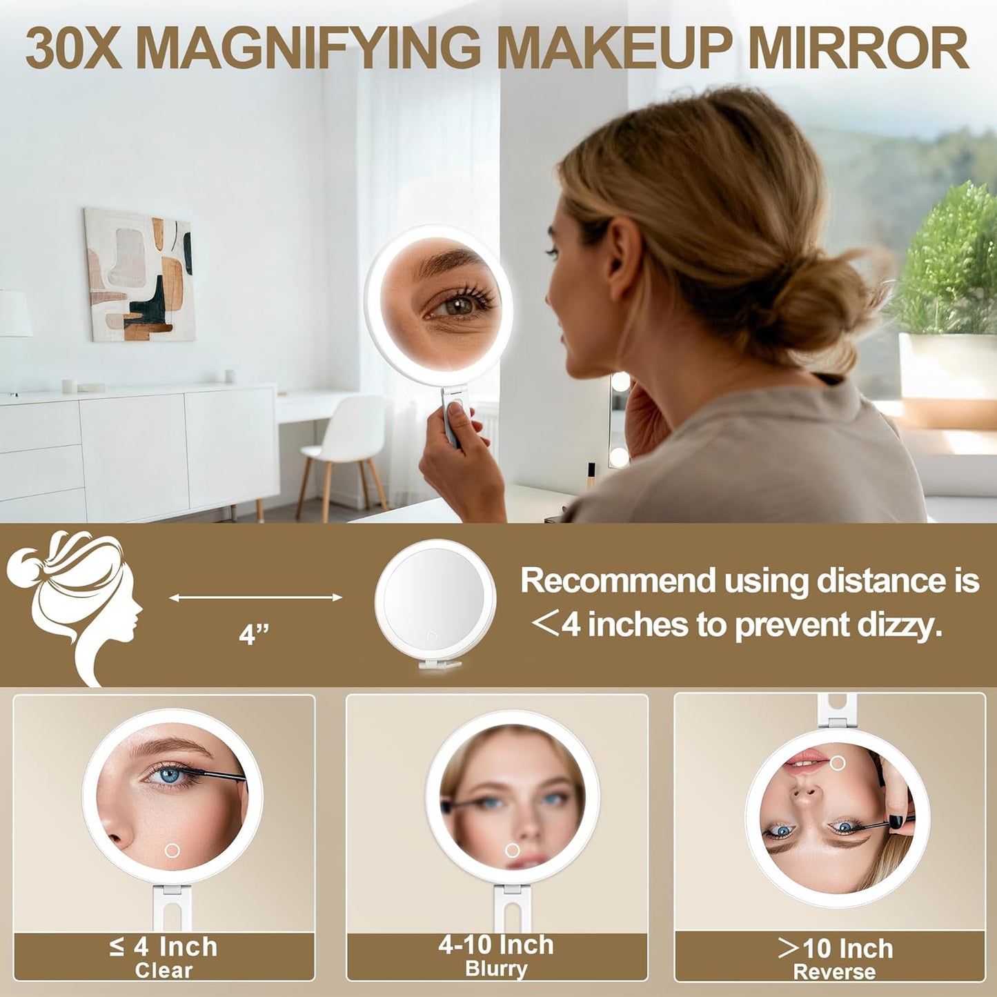 30x Magnifying Makeup Mirror with Light - 6" Travel Size, 3 Suction Cups, 3 Lighting Colors | Handheld Design, Stable Stand