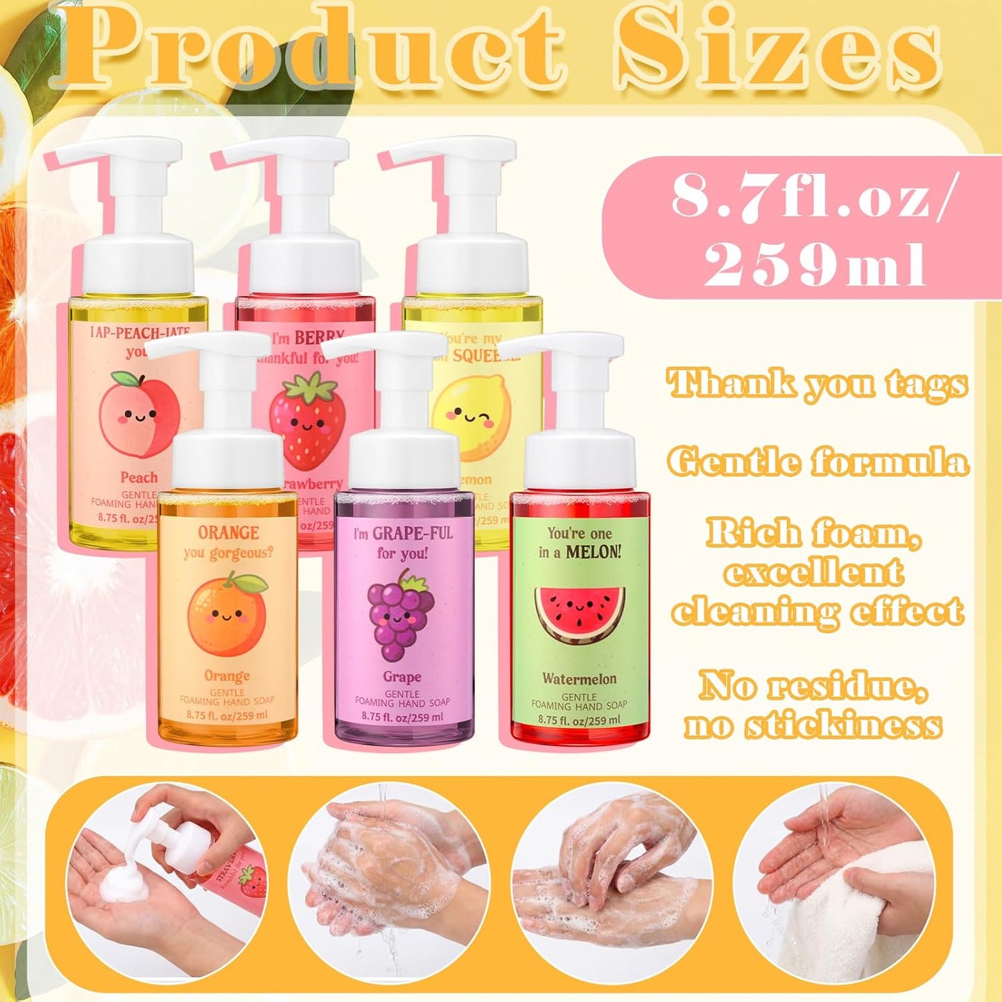 Funny Fruit Foaming Hand Soap - Moisturizing Liquid Foam | 6 Pack, 8.75 Fl Oz - Perfect Gift for Teachers & Nurses