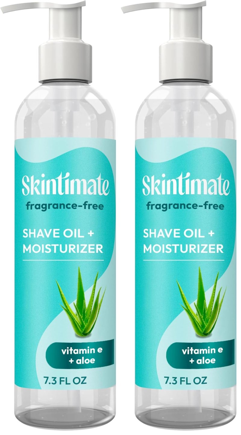 Skintimate 2-in-1 Shave Oil & Moisturizer, Fragrance Free, 7.3oz | Shaving Oil, After Shave for Women Bikini Area Moisturizer with Vitamin E and Aloe, Shaving Cream Alternative, 7.3 fl oz(Pack of 2)