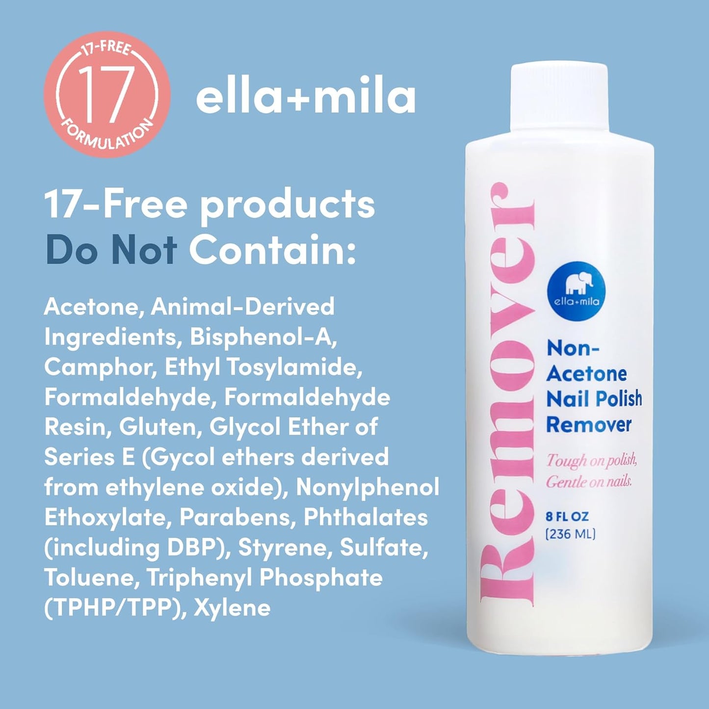 Ella+mila Nail Polish Remover - Gentle Non-Acetone Formula | Nourishing & Vegan, 8oz