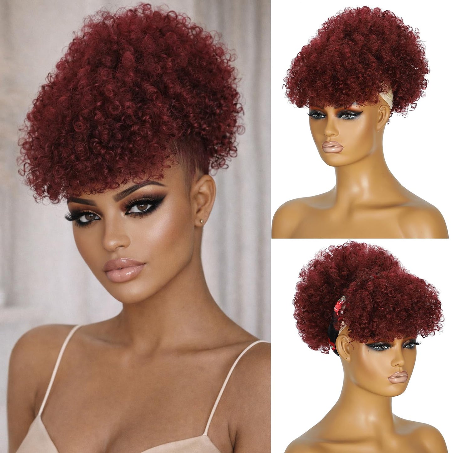 Kinky Curly Mohawk Wig - Short Synthetic Clip-On Ponytail Extension with Bangs | Fluffy Natural Hair for Daily & Party Use - Color 1B
