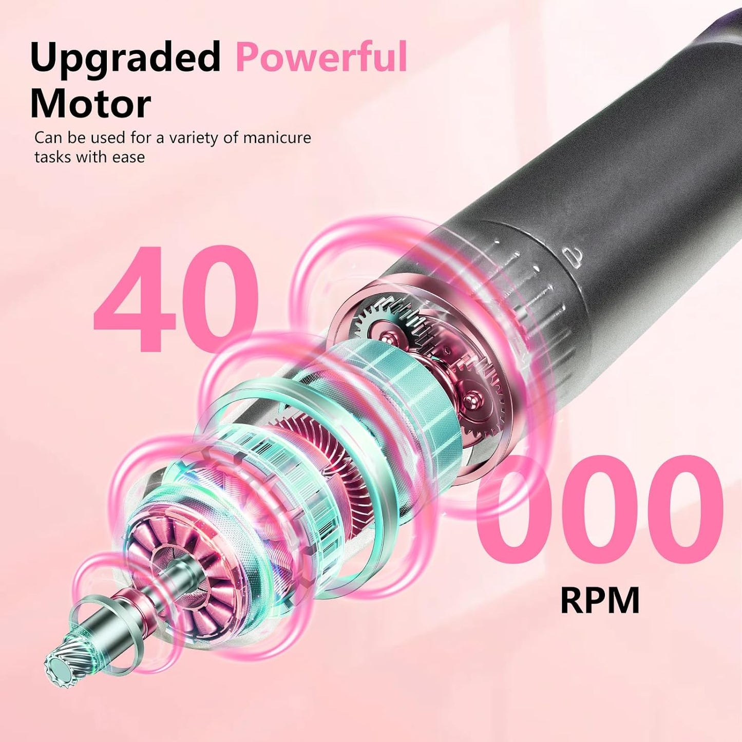 Professional Nail Drill - 40000 RPM Cordless Electric Nail File Kit with 6 Bits | Rechargeable Efile for Acrylic Gel Nails, Pink