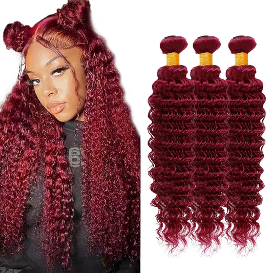 24 26 28 inch Burgundy Bundles 99j Deep Wave Bundles Red Human Hair Bundle Burgundy Human Hair Bundle Red Color 150g