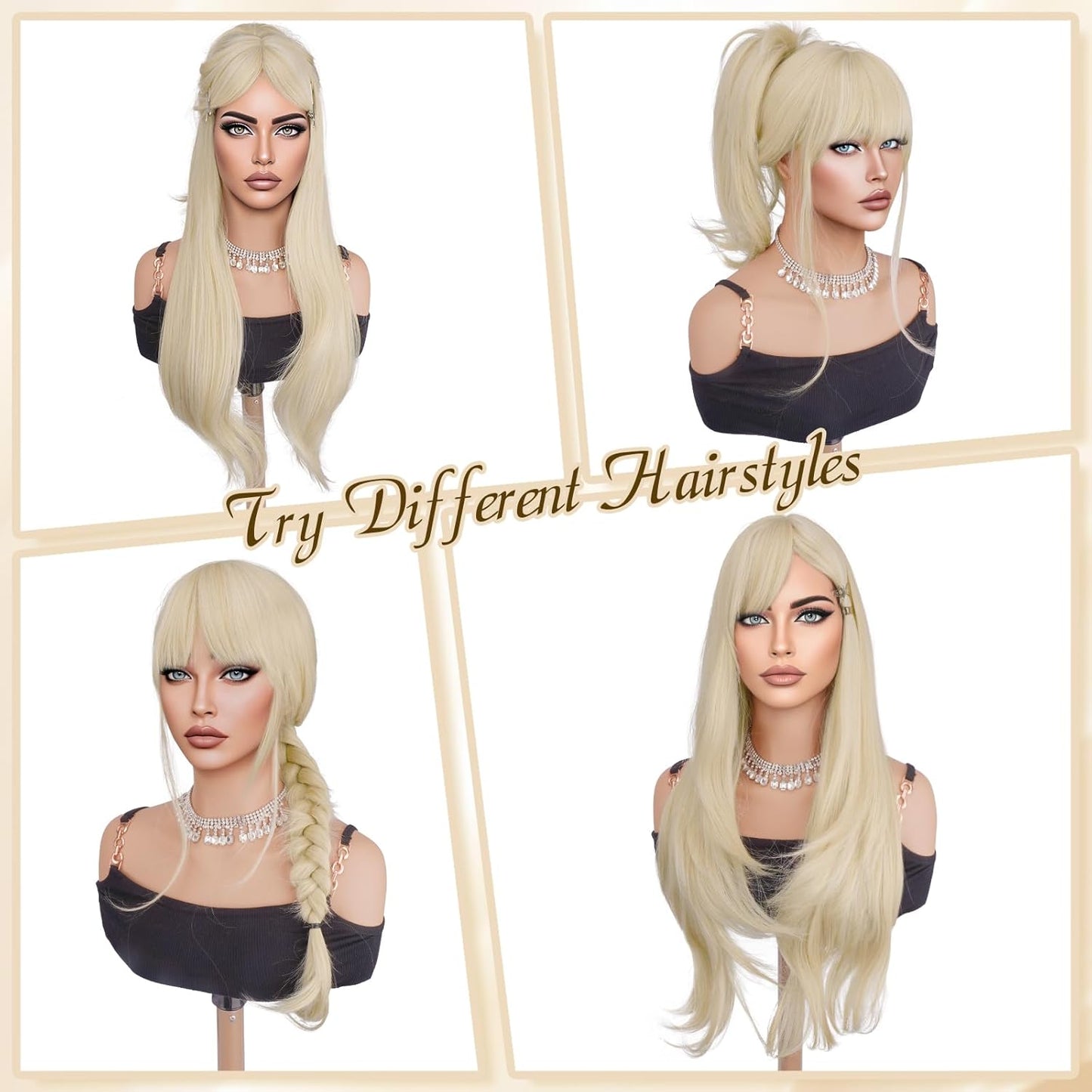 Blonde Wigs with Bangs - Long Layered Natural-Looking Synthetic Wavy Hair | 26-Inch Dirty Blonde