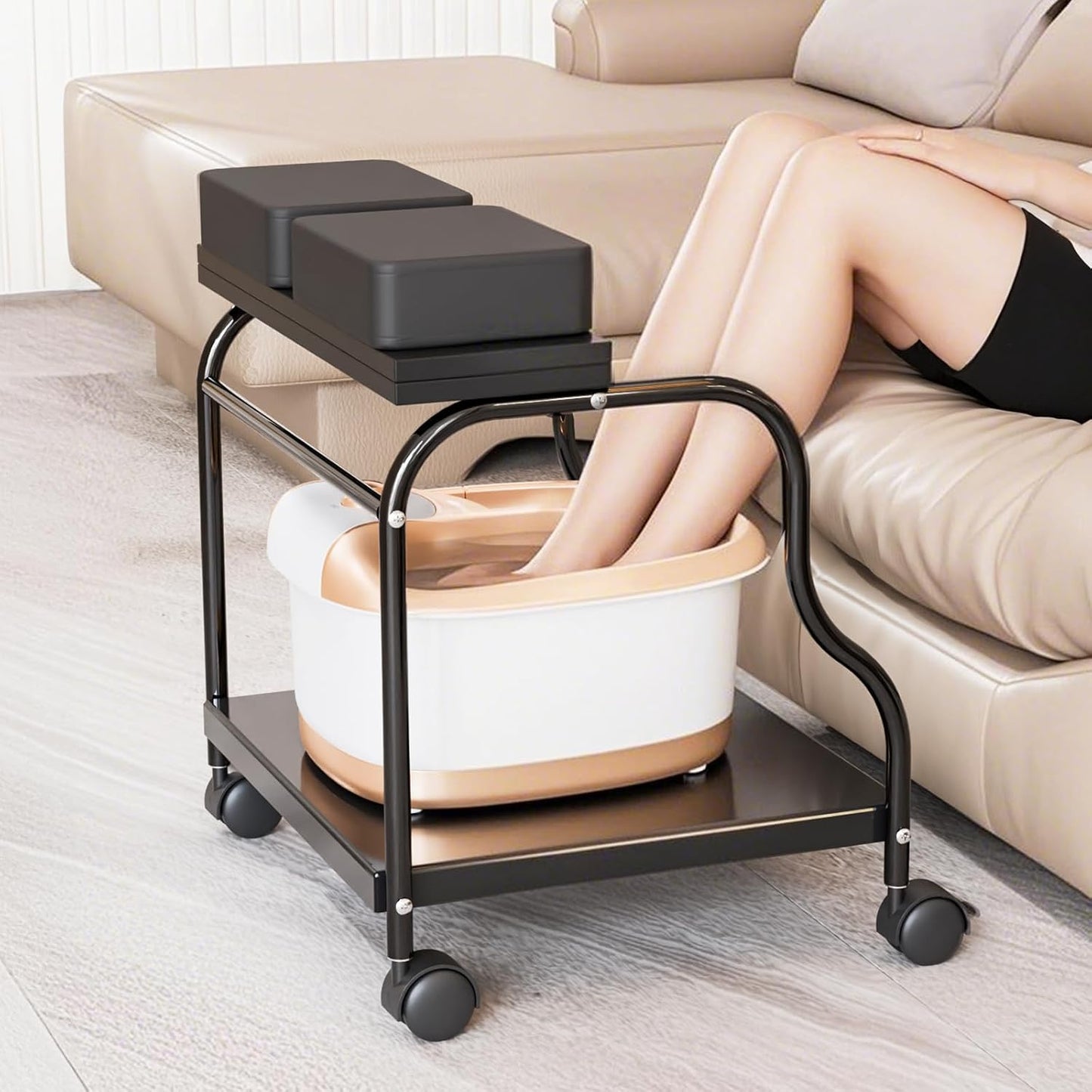 Portable Pedicure Cart - Adjustable Foot Bath Trolley with PU Cushion & Locking Wheels | Ideal for Spa, Salon & Home (Black)