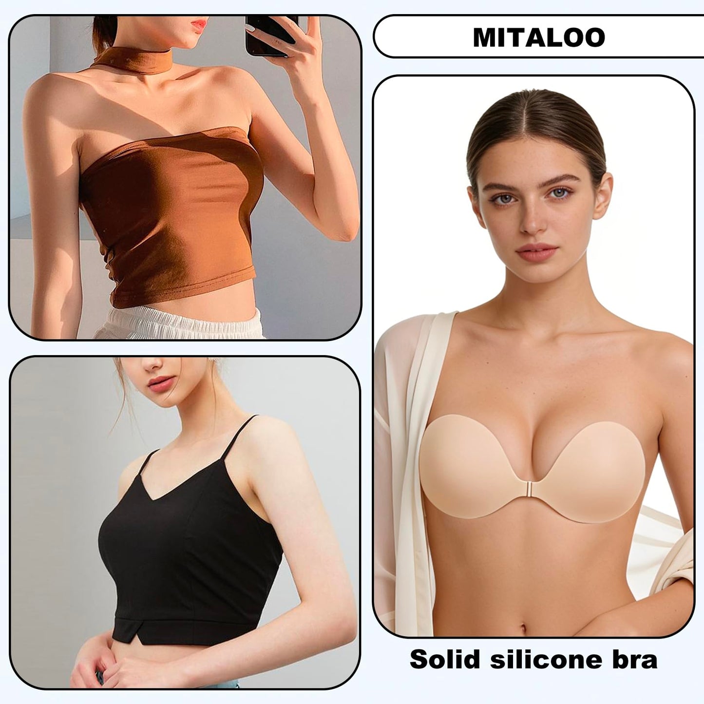 MITALOO Sticky Bra Slicone Adhesive Bra Seamless Push Up Invisible Strapless Backless Covers for Women Light Beige