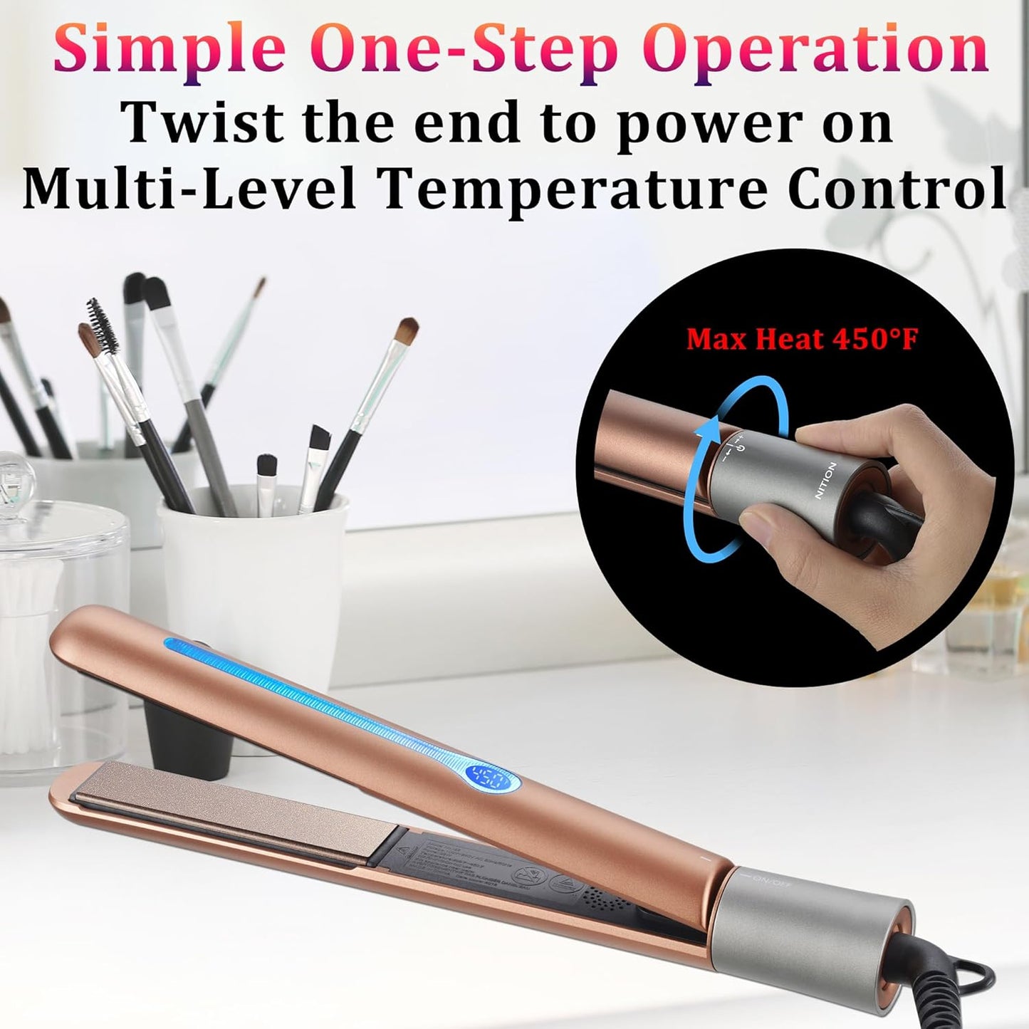 NITION Ceramic Tourmaline Hair Straightener - Fast Heating 1" Flat Iron with 3D Floating Plates | Gold Finish, Travel-Friendly