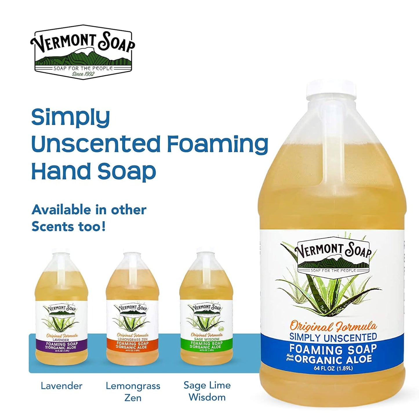 Vermont Soap Organic Unscented Foaming Hand Soap - Natural Moisturizing Liquid Soap for Dry Skin | 64 oz