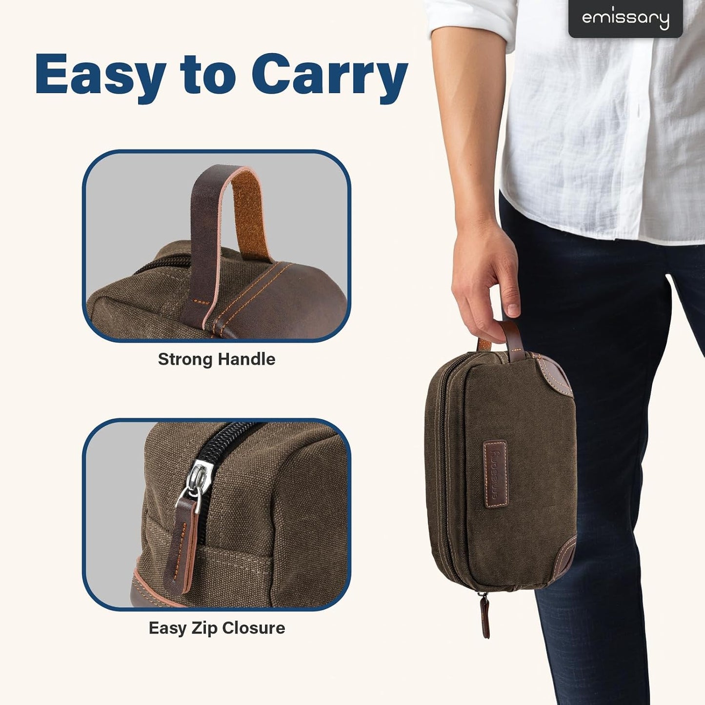 Men's Leather and Canvas Toiletry Bag - Travel Dopp Kit for Shaving Accessories | Coffee Color