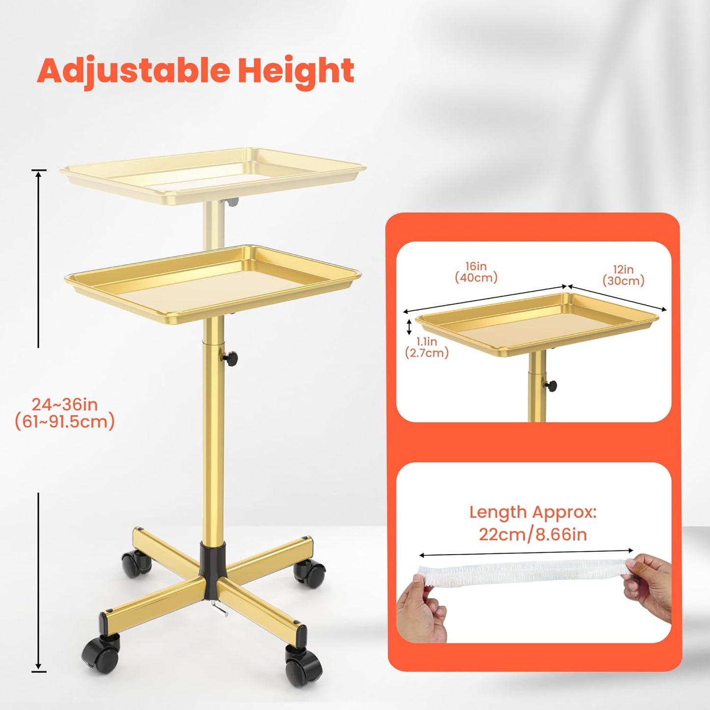 Rolling Salon Tray - Adjustable Height Mobile Trolley with Wheels & 2 Magnetic Dye Bowls | Gold Metal, 10 PCS Covers