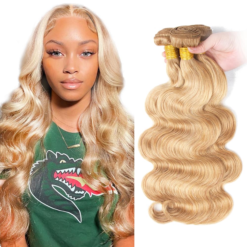 P27/613 Honey Blonde Bundles Human Hair Body Wave Bundles 16 18 20 Inch Highlight Blonde Unprocessed Brazilian Virgin Hair 3 Bundle Deals Quick Weave Hair Extensions 50 Gram Per Bundle