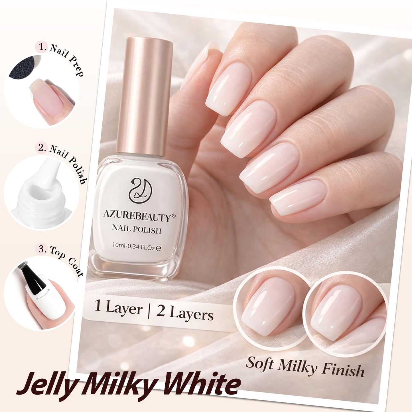 AZUREBEAUTY Milky White Translucent Nail Polish – Quick Dry, Long-Lasting, Natural Jelly Glossy Finish for DIY Manicure & Nail Art, Salon Quality for Women