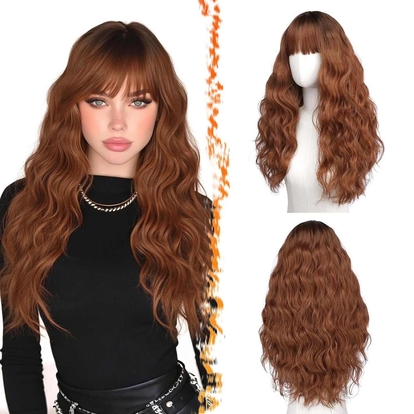 Long Wavy Blonde Curtain Bangs Wig - 26" Synthetic Ombre Wig with Dark Roots | Soft Natural Look