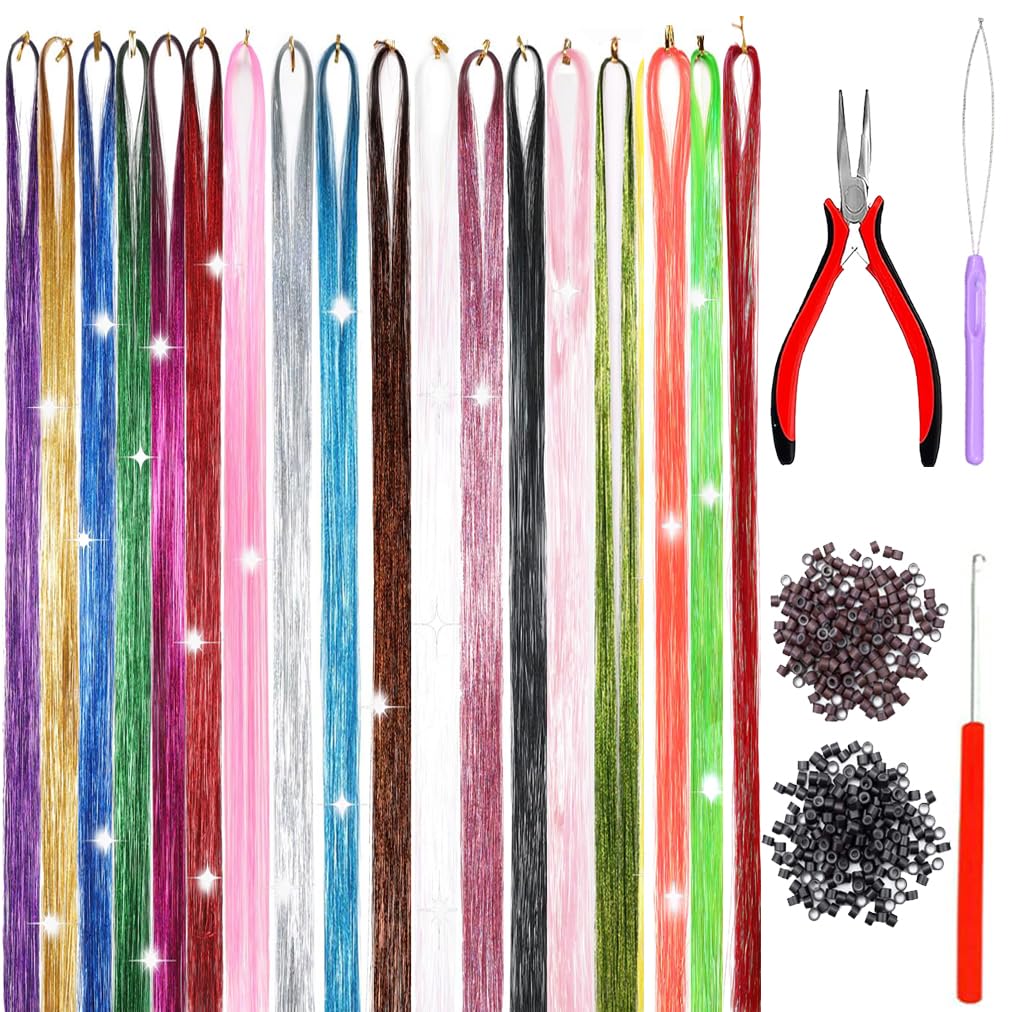 Hair Tinsel Kit With Tools 18 Colors 48 Inch 3600 Strands Fairy Tinsel Hair Extensions Glitter Hair Tinsel Christmas Party Festival Hair Accessories for Women Girls(48 Inch,18 Colors)