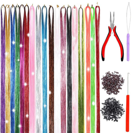 Hair Tinsel Kit With Tools 18 Colors 48 Inch 3600 Strands Fairy Tinsel Hair Extensions Glitter Hair Tinsel Christmas Party Festival Hair Accessories for Women Girls(48 Inch,18 Colors)