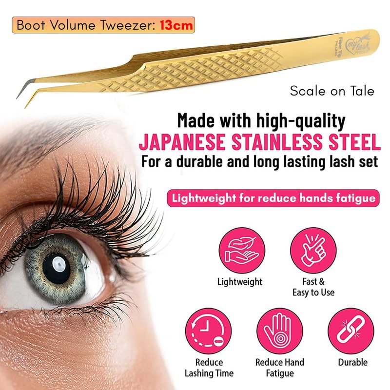 Fiber Tip Lash Tweezer 45 Degree Tip – Non Slip Diamond Grip, Precision Stainless Steel Eyelash Extension Tool, Professional Volume & Classic Lash Applicator for Salon and Home Use (Gold)