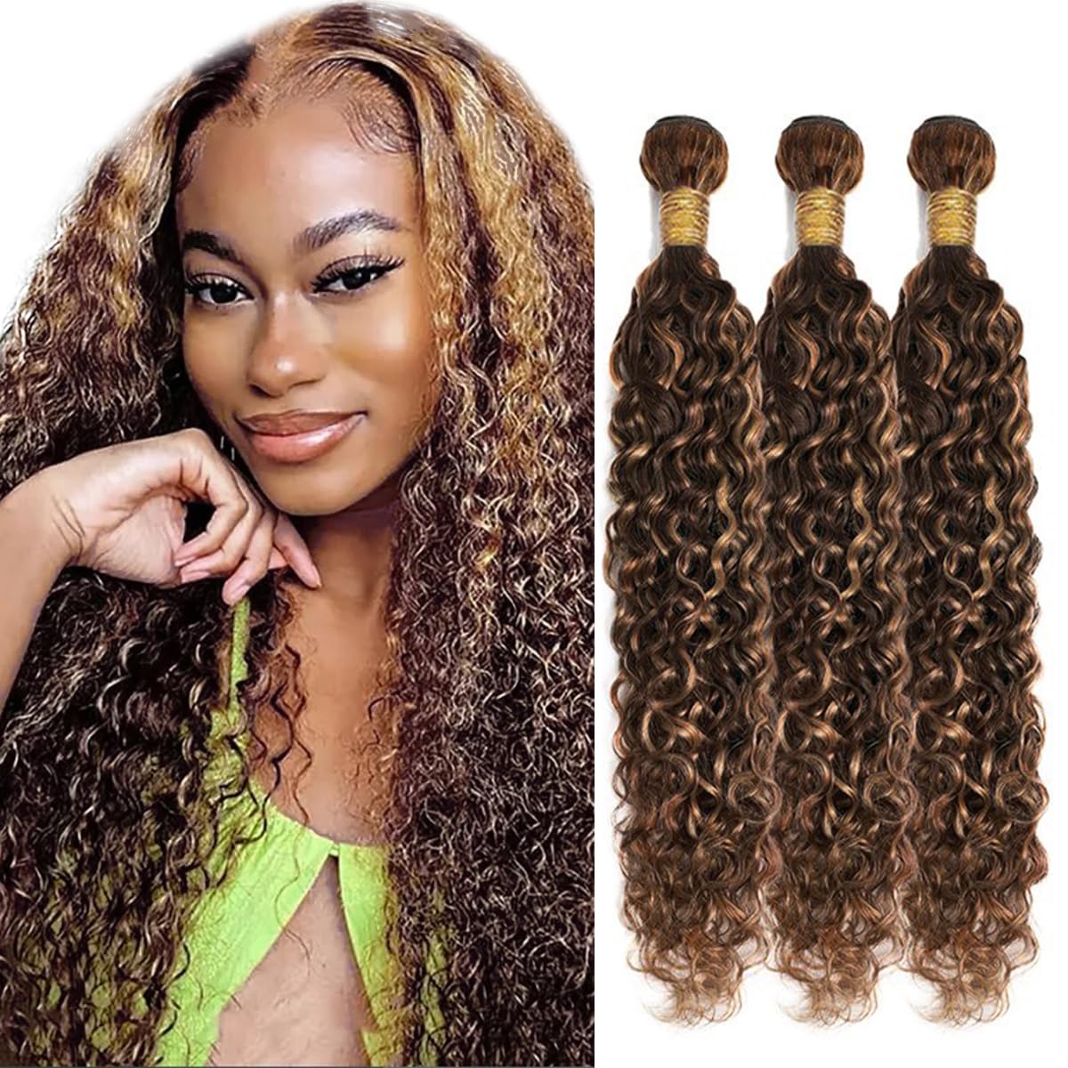 30 32 34 Inch AuokMar Dark Brown Bundles Human Hair P430 Ombre Water Wave Bundles Brazilian Virgin Highlight Bundle Hair Extensions for Woman