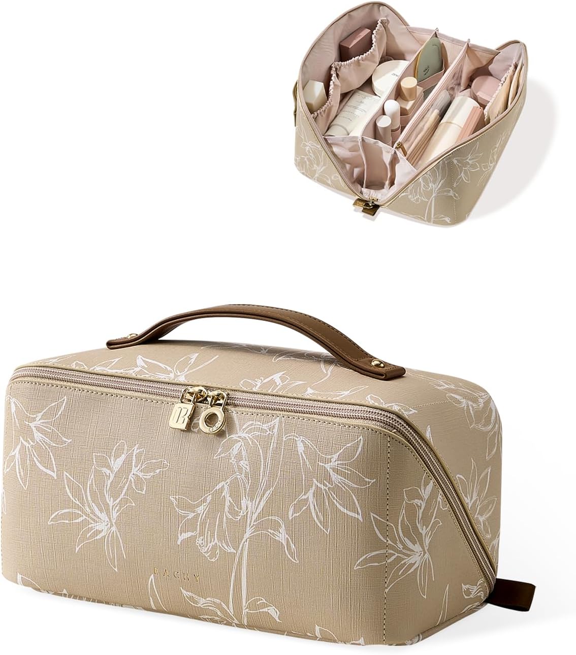 Travel Makeup Bag - Large Capacity Waterproof Cosmetic Pouch | Open Flat Design (Brown)