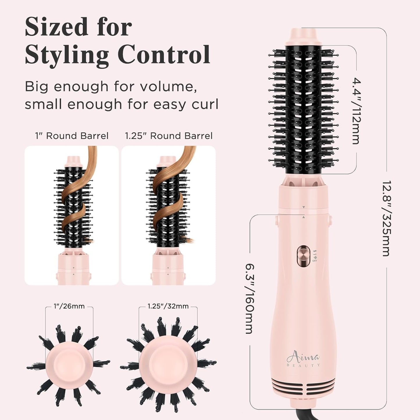 Aima Beauty Blow Dryer Brush Set - 4-in-1 Ionic Round Brush for Shine, Smoothness & Volume | Interchangeable 1” & 1.25” Barrels, Pink