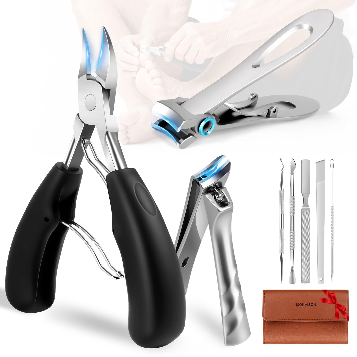LIONVISON Ingrown Toenail Removal Kit: 8 Pcs Professional Toenail Clippers for Thick Toenails - Heavy Duty Nail Clippers Tools for Seniors Home Foot Care
